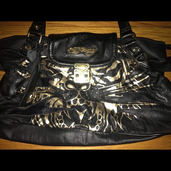 VERY CHIC Ed Hardy Christian Audigier Metallic Gold Black Tiger Purse Handbag - Picture 2 of 11
